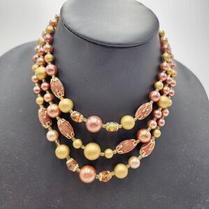 Vintage JAPAN Three Strand Rust Red Gold Tone Beads Faux Pearls 16" Necklace